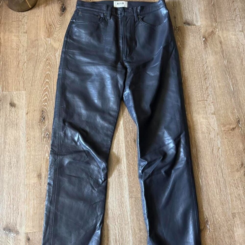 Agolde Black Recycled Leather Fitted 90s Pinch Waist Straight‎ Leg Pants Size 27